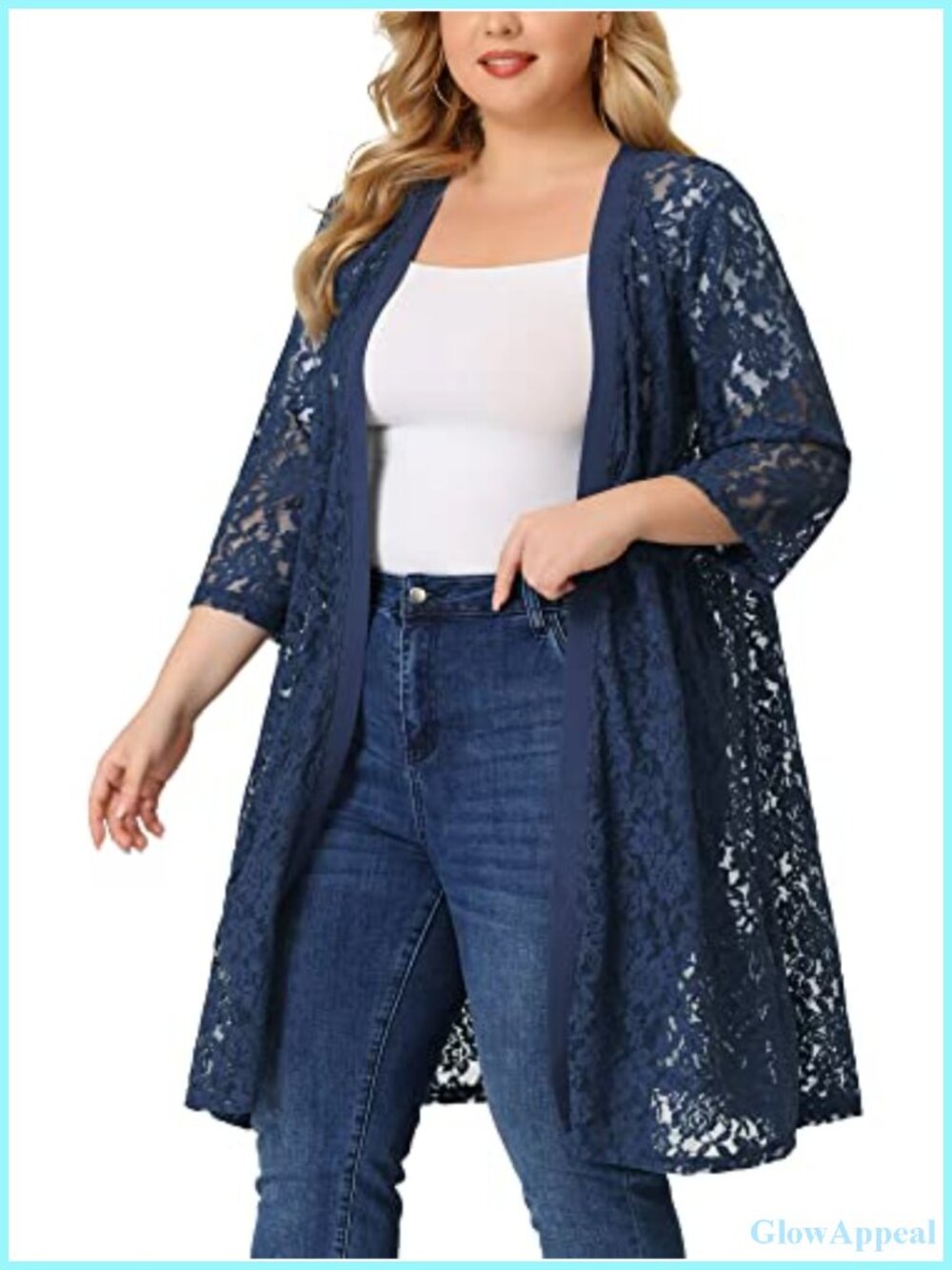 Women's Plus Size Lace Cardigan 3/4 Sleeve Open Front Cover Up